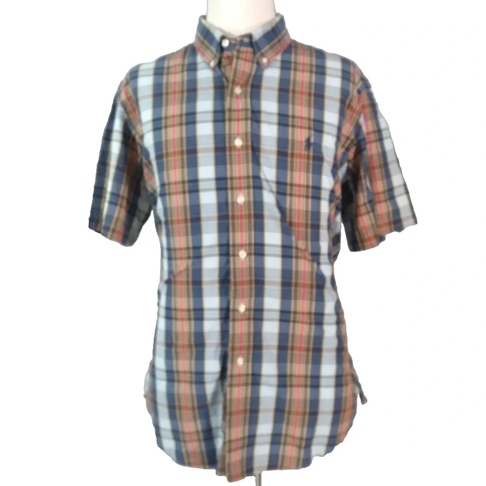 Ralph Lauren shirt mens large blue plaid shorts sleeve cotton Preppy retro